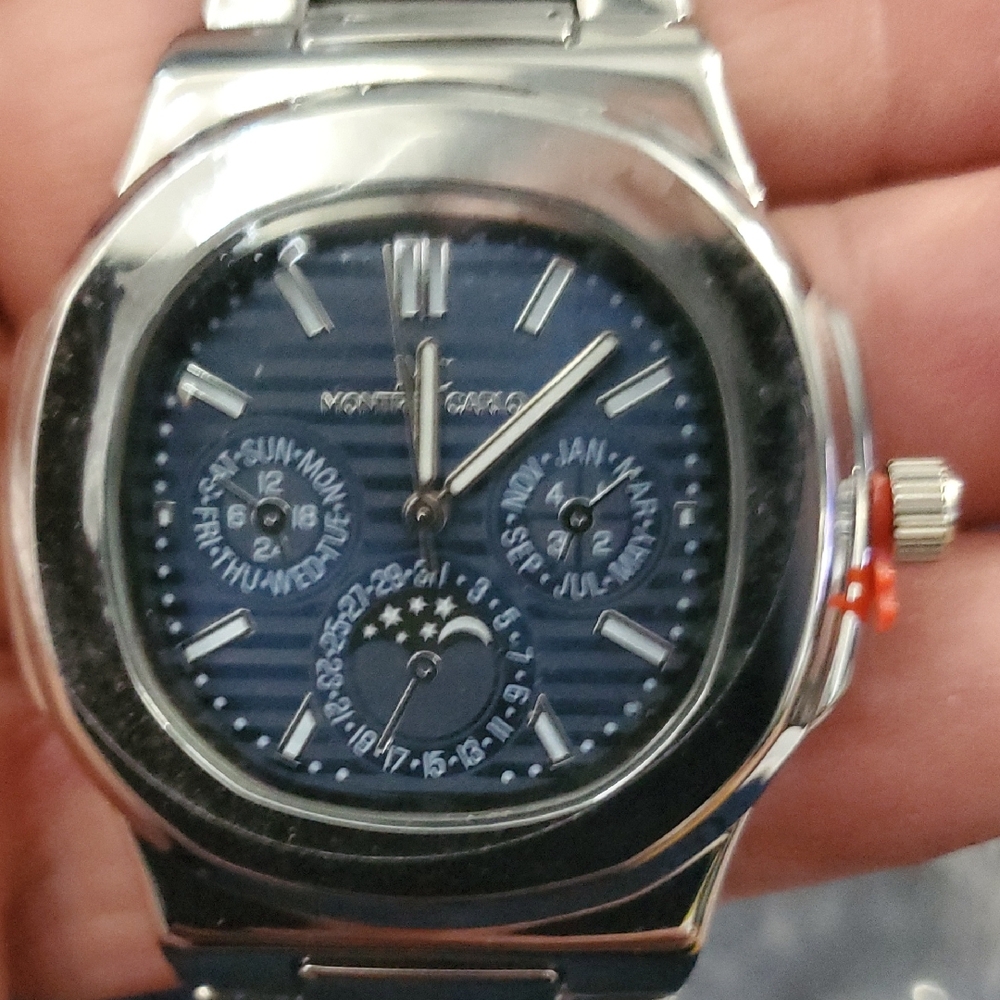Men's Silver Stainless Steel Watch with Blue Dial and Moonphase